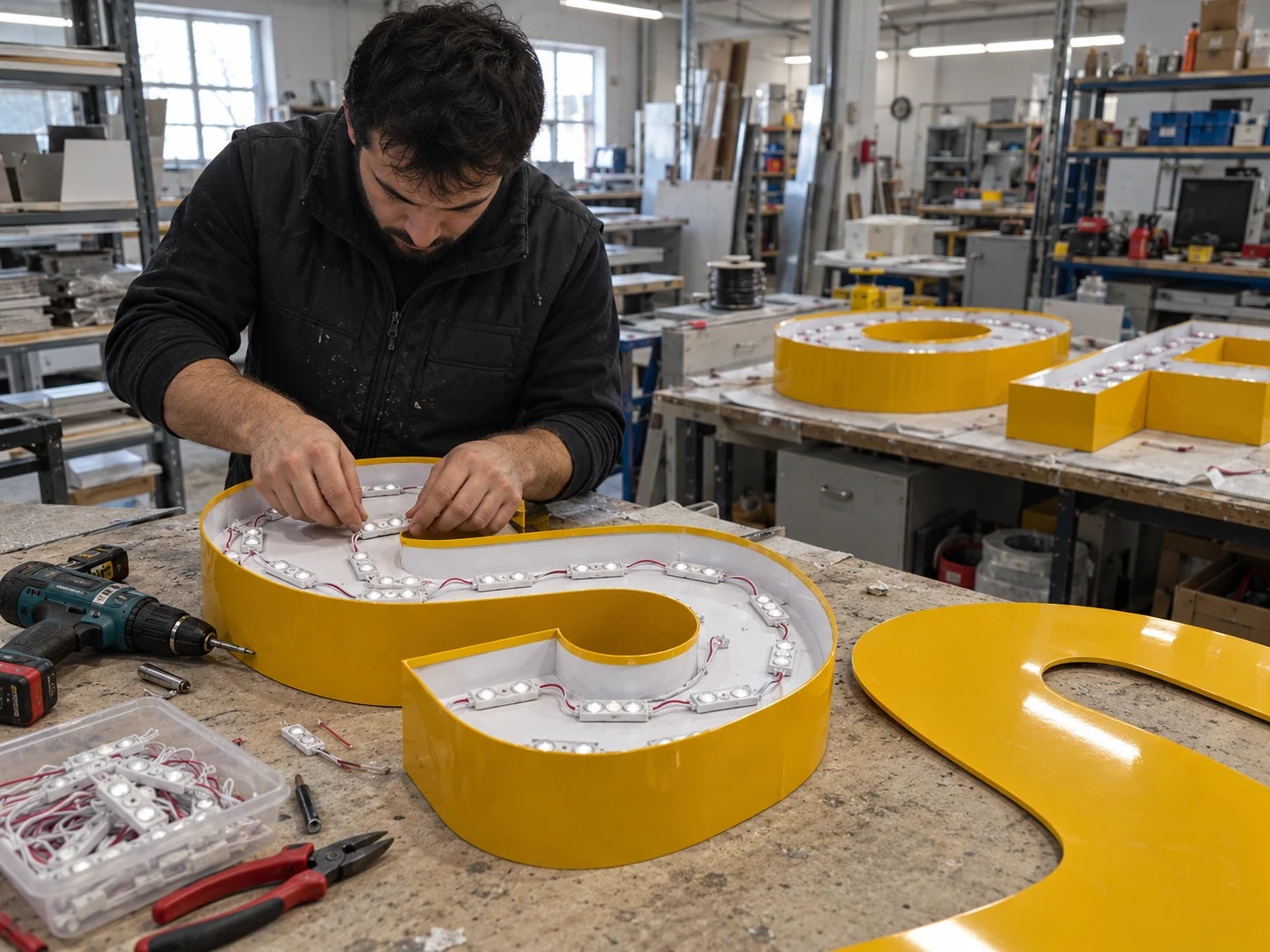 Lion Sign — Integrated LED modules and low-voltage connections for illuminated channel letters.