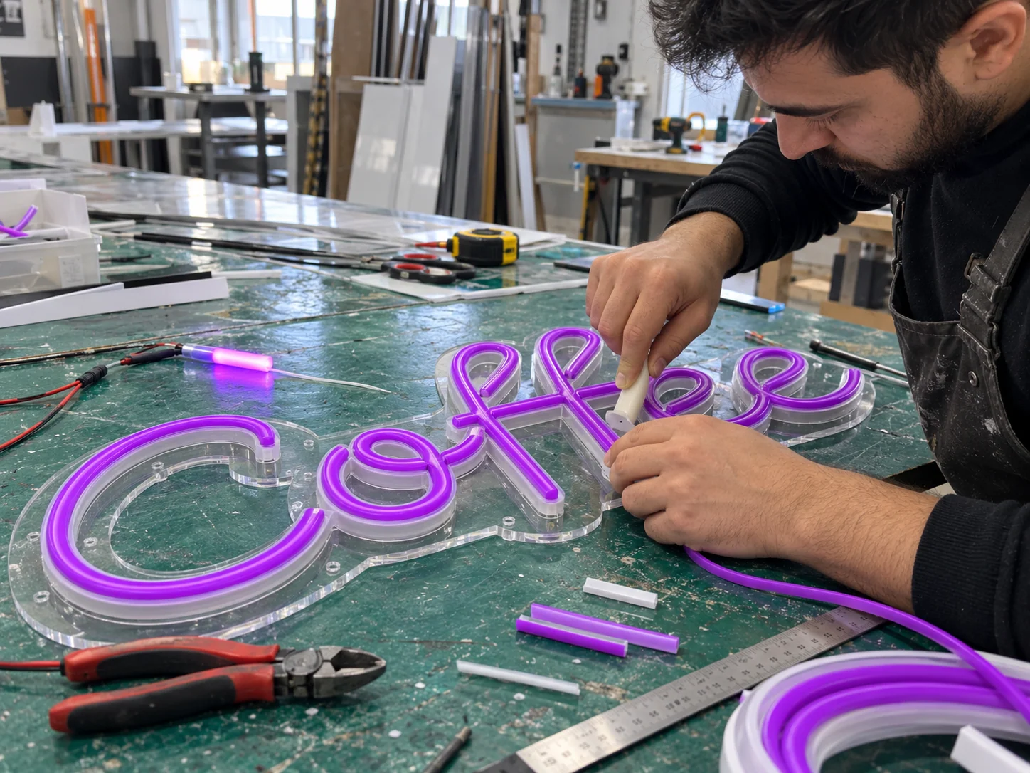 Lion Sign — Custom LED neon flex formed into precision-cut acrylic sign backing.