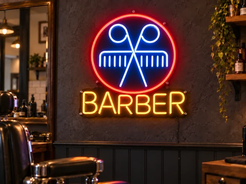 Lion Sign — Illuminated barber-themed LED neon wall sign with scissors and comb design.