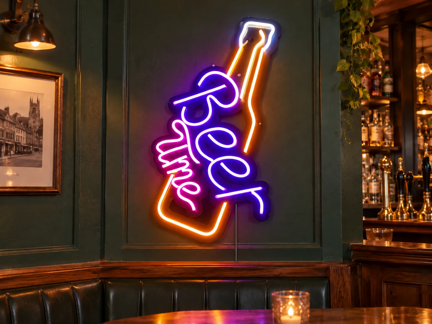 Lion Sign — Purple and gold LED neon beer-bottle wall sign for pubs and bars.