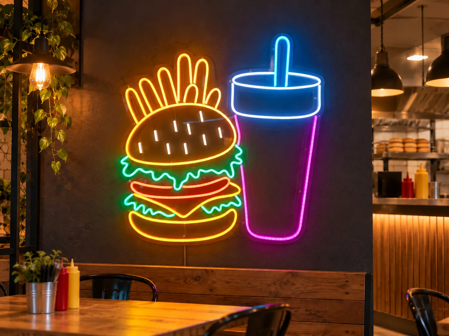 Lion Sign — Multicolour burger, fries and drinks LED neon signage for food businesses.