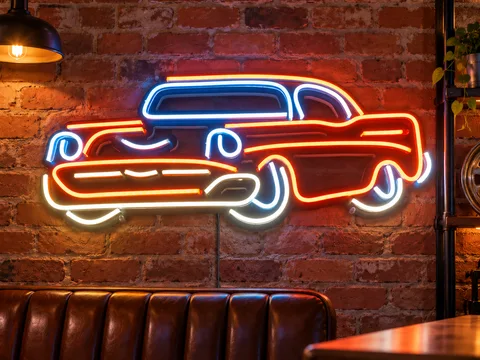 Lion Sign — Custom retro classic-car LED neon wall art in orange and white.