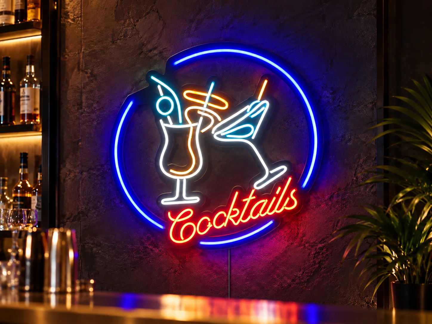Lion Sign — Circular cocktail-themed LED neon sign in blue and warm orange.