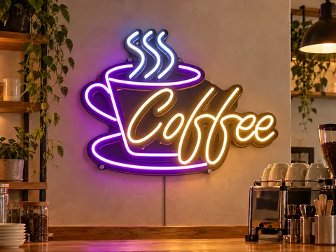 Lion Sign — Custom glowing coffee-cup LED neon wall sign for cafés and hospitality interiors.