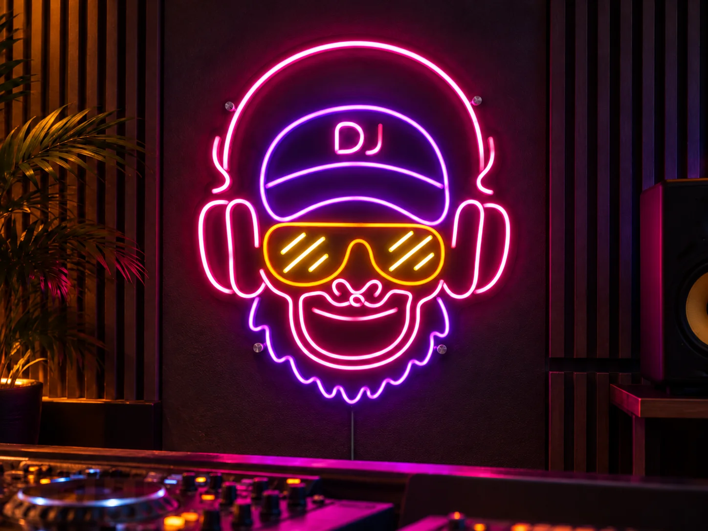 Lion Sign — Custom LED neon DJ artwork with multicolour headphones and nightlife styling.