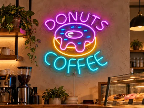 Lion Sign — Multicolour doughnut and coffee cup LED neon advertising sign for cafés.