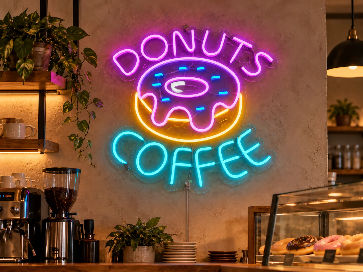 Lion Sign — Multicolour doughnut and coffee cup LED neon advertising sign for cafés.