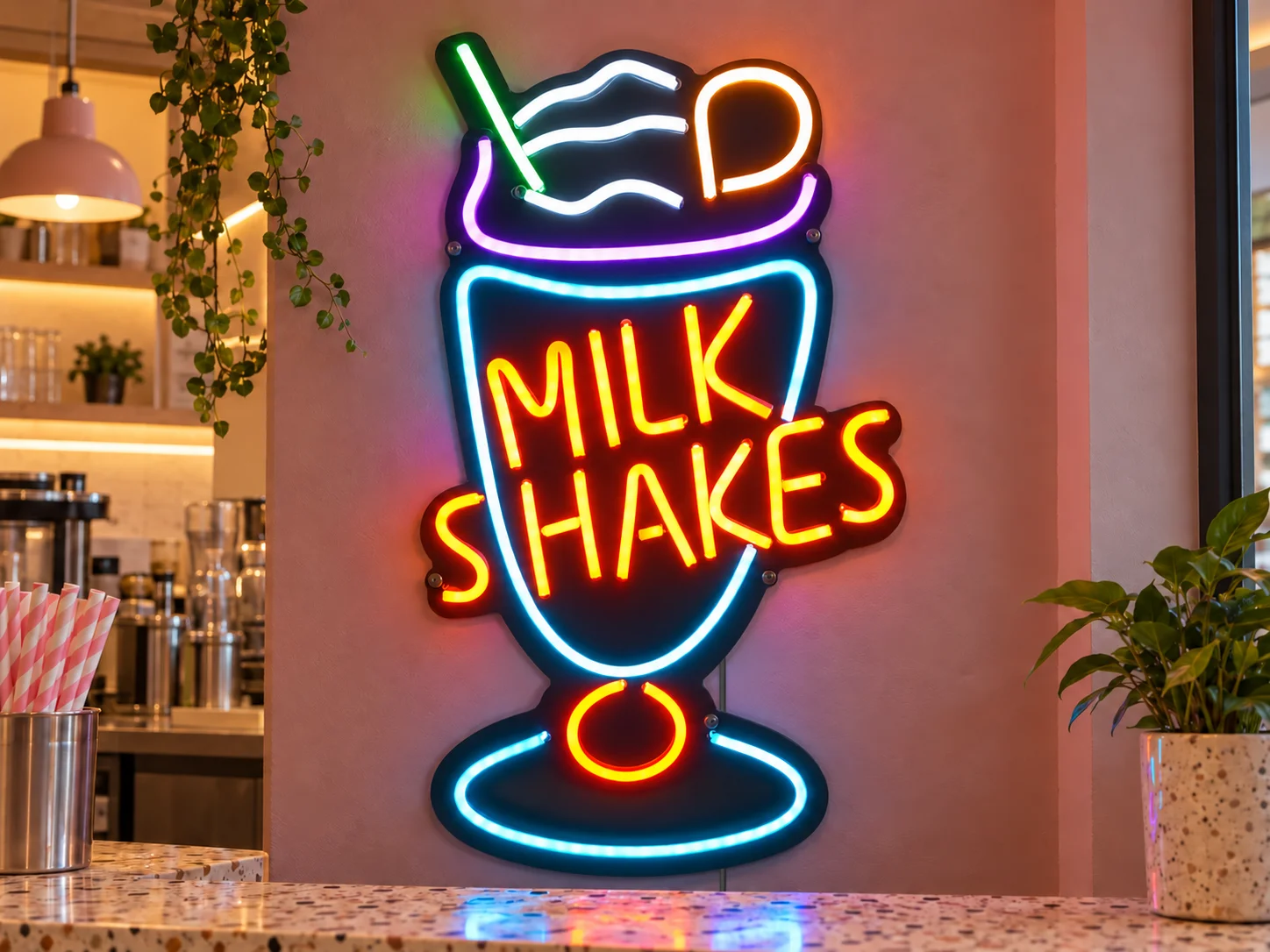 Lion Sign — Bright LED neon milkshake sign with colourful drink graphics for dessert shops.