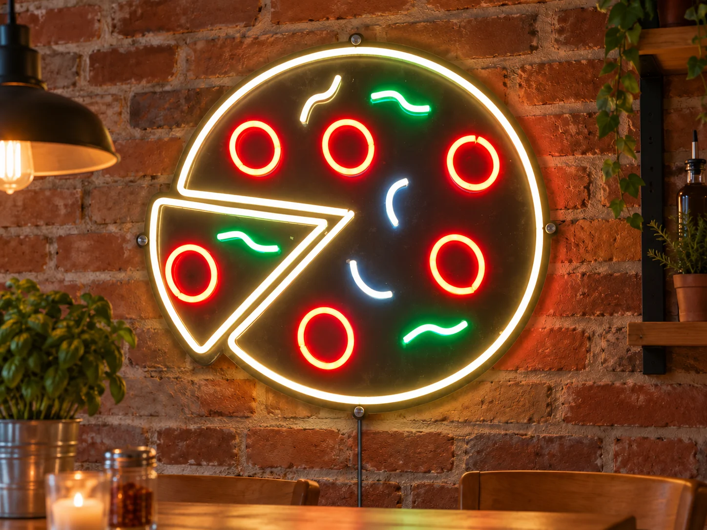 Lion Sign — Circular LED neon pizza sign with detailed slice and toppings.