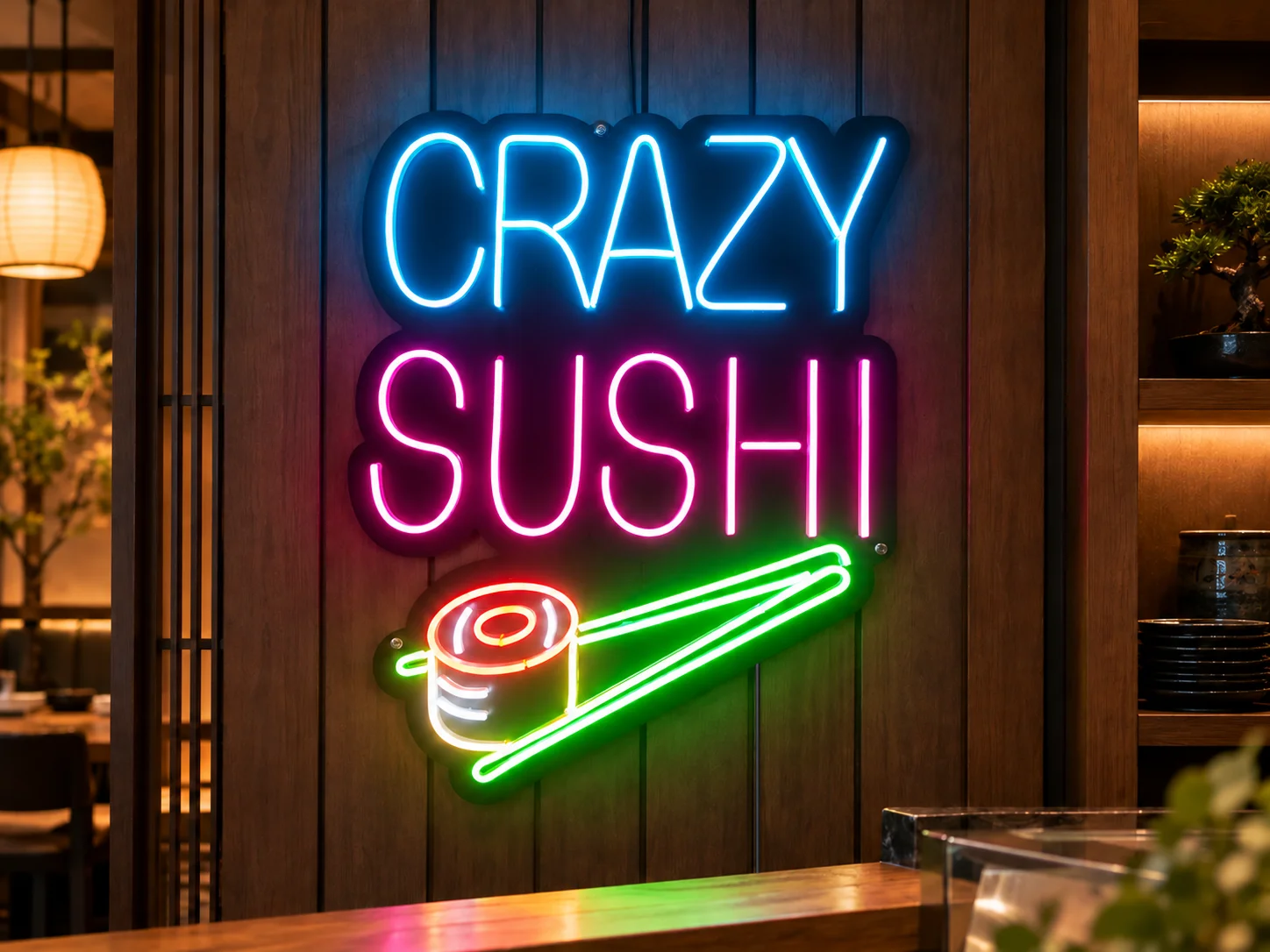 Lion Sign — Custom multicolour LED neon sushi sign with illuminated chopstick motif.