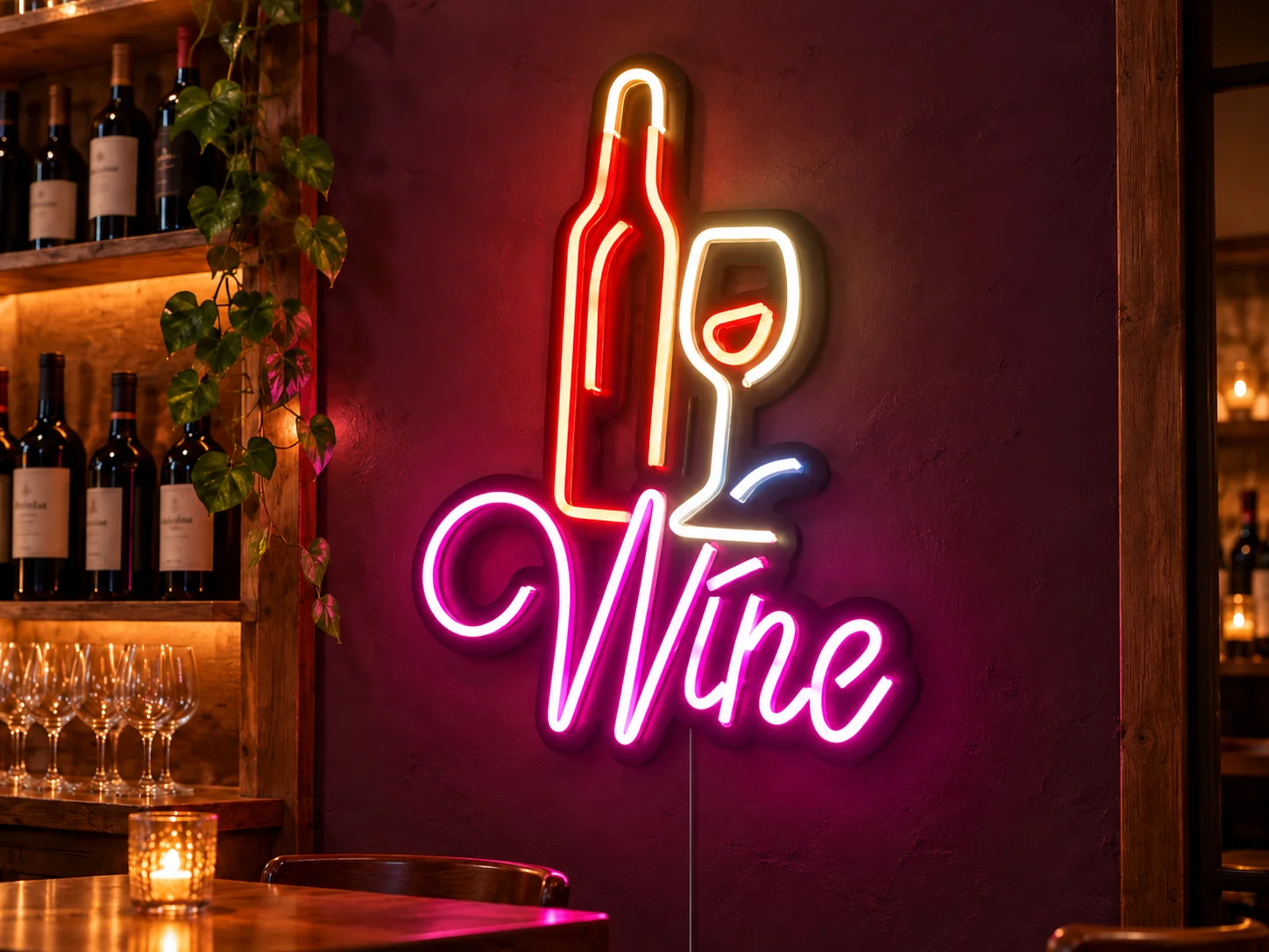Lion Sign — Decorative LED neon wine-bottle and glass sign for bars and hospitality spaces.