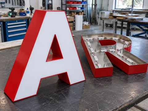 Lion Sign — Illuminated acrylic channel letters with red metal returns and internal LED modules.