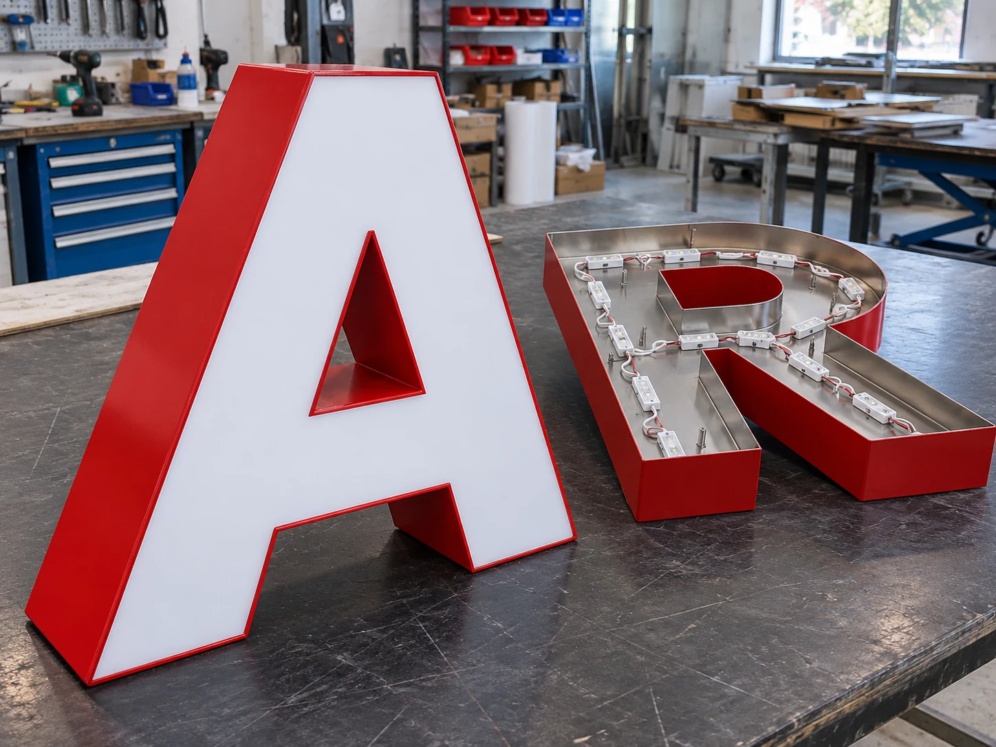 Lion Sign — Illuminated acrylic channel letters with red metal returns and internal LED modules.