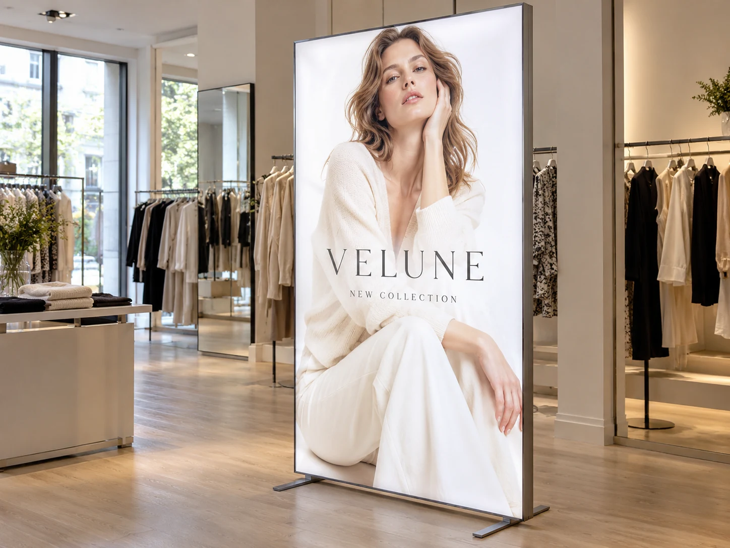 Lion Sign — Slim freestanding aluminium LED fabric light box for high-impact retail advertising.
