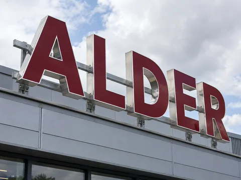 Lion Sign — Large-scale red stainless steel 3D roof lettering with structural mounting rails.