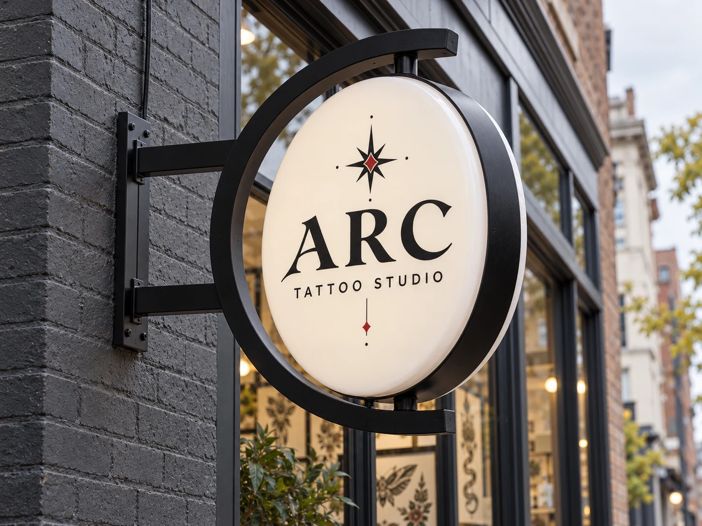 Lion Sign — Double-sided round rotating tattoo studio sign with curved C-frame and top/bottom pivots.