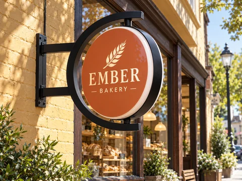 Lion Sign — Double-sided round rotating bakery sign with curved C-frame and top/bottom pivots.
