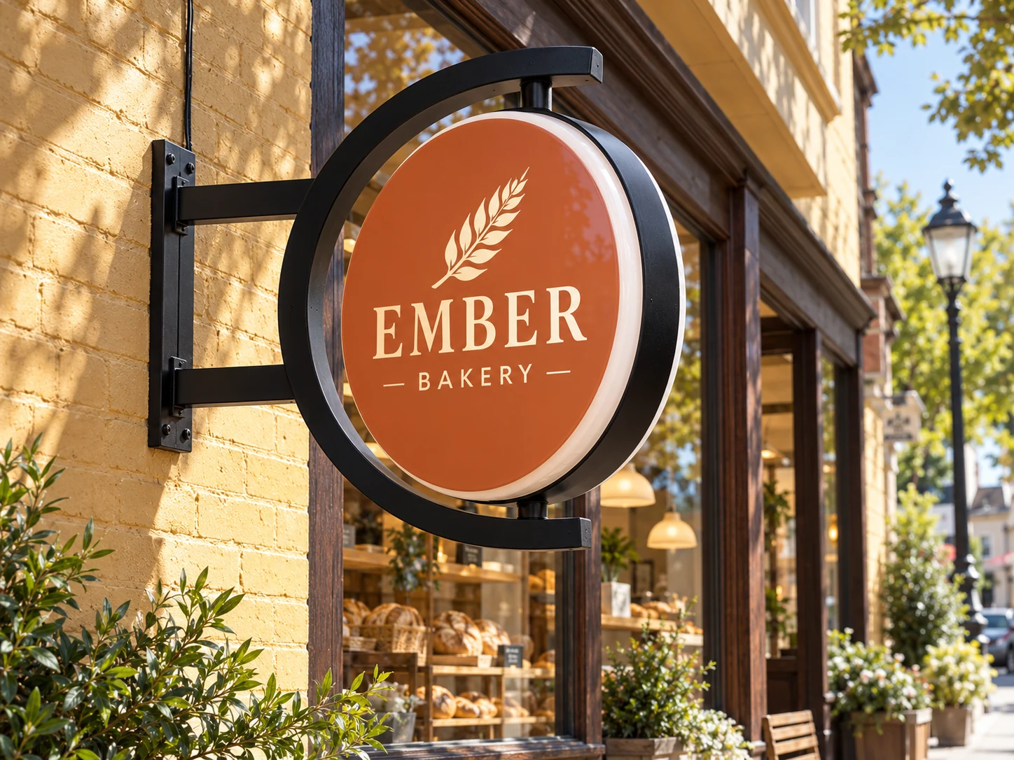 Lion Sign — Double-sided round rotating bakery sign with curved C-frame and top/bottom pivots.