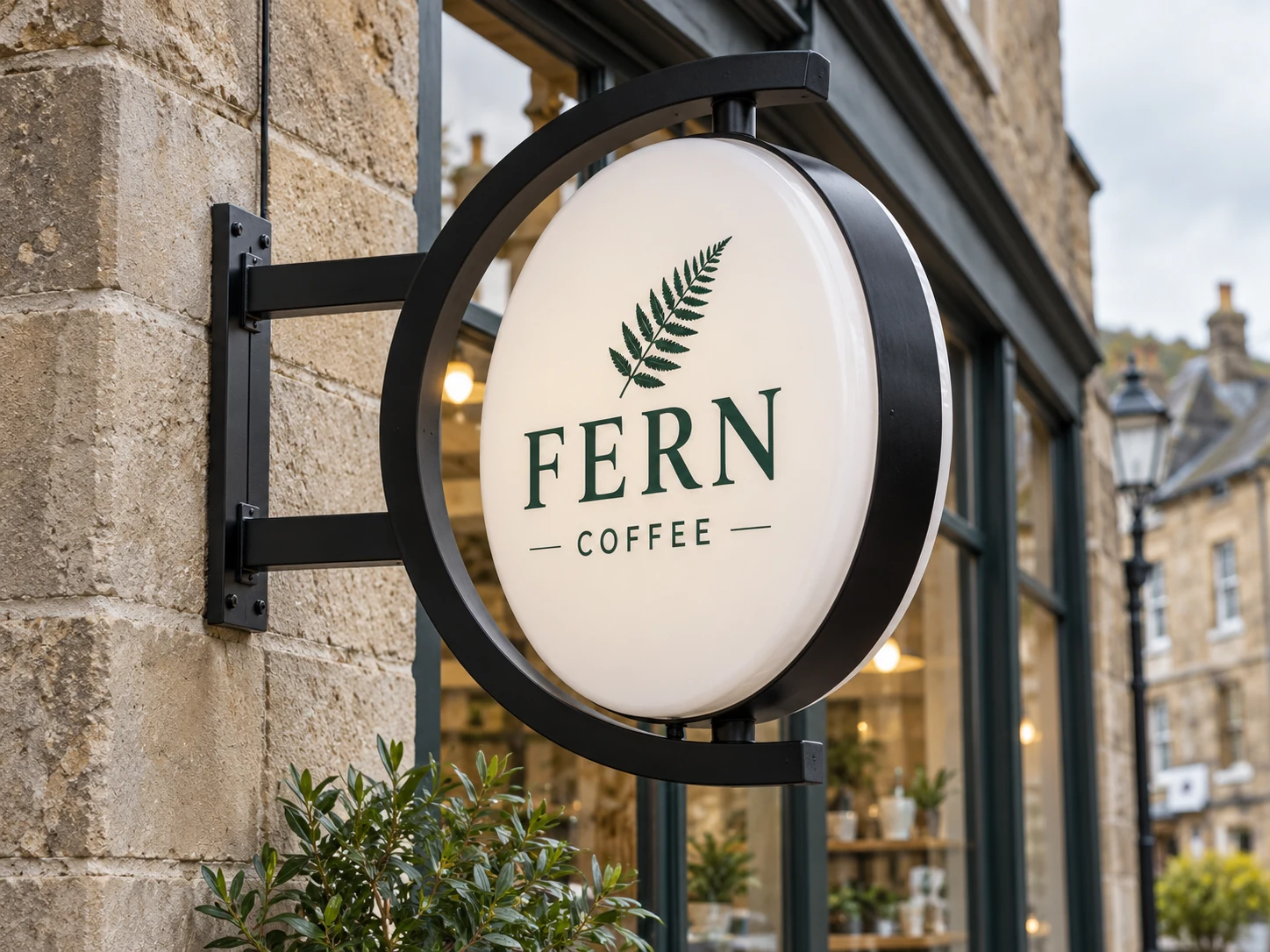 Lion Sign — Double-sided round rotating café sign with curved C-frame and top/bottom pivots.