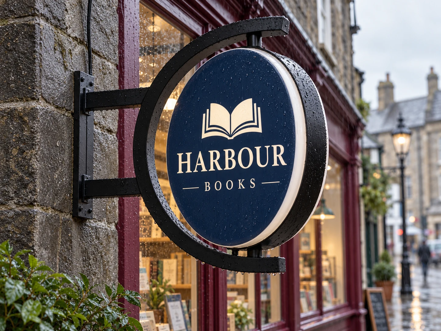 Lion Sign — Double-sided round rotating bookshop sign with curved C-frame and top/bottom pivots.