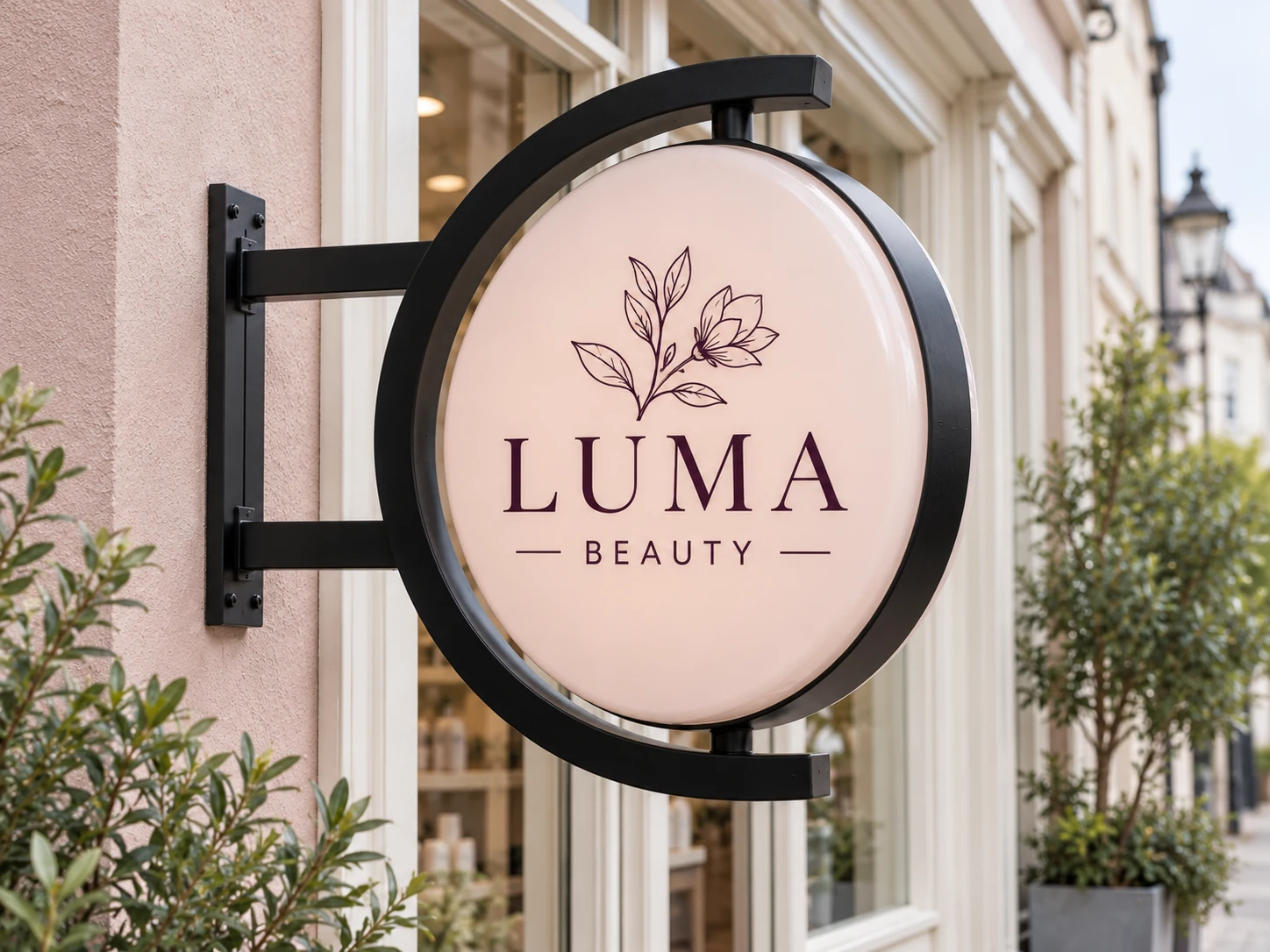 Lion Sign — Double-sided round rotating beauty salon sign with curved C-frame and top/bottom pivots.