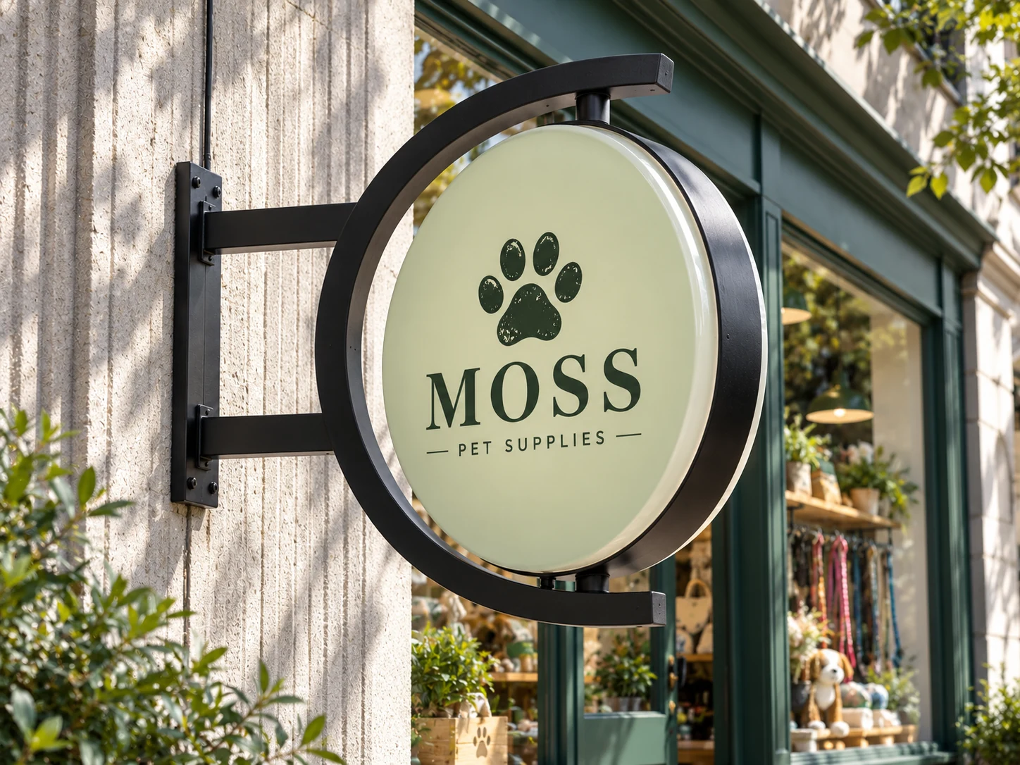 Lion Sign — Double-sided round rotating pet shop sign with curved C-frame and top/bottom pivots.