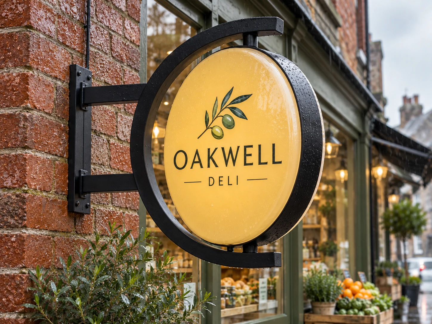 Lion Sign — Double-sided round rotating delicatessen sign with curved C-frame and top/bottom pivots.