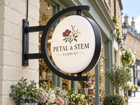 Lion Sign — Double-sided round rotating florist sign with curved C-frame and top/bottom pivots.