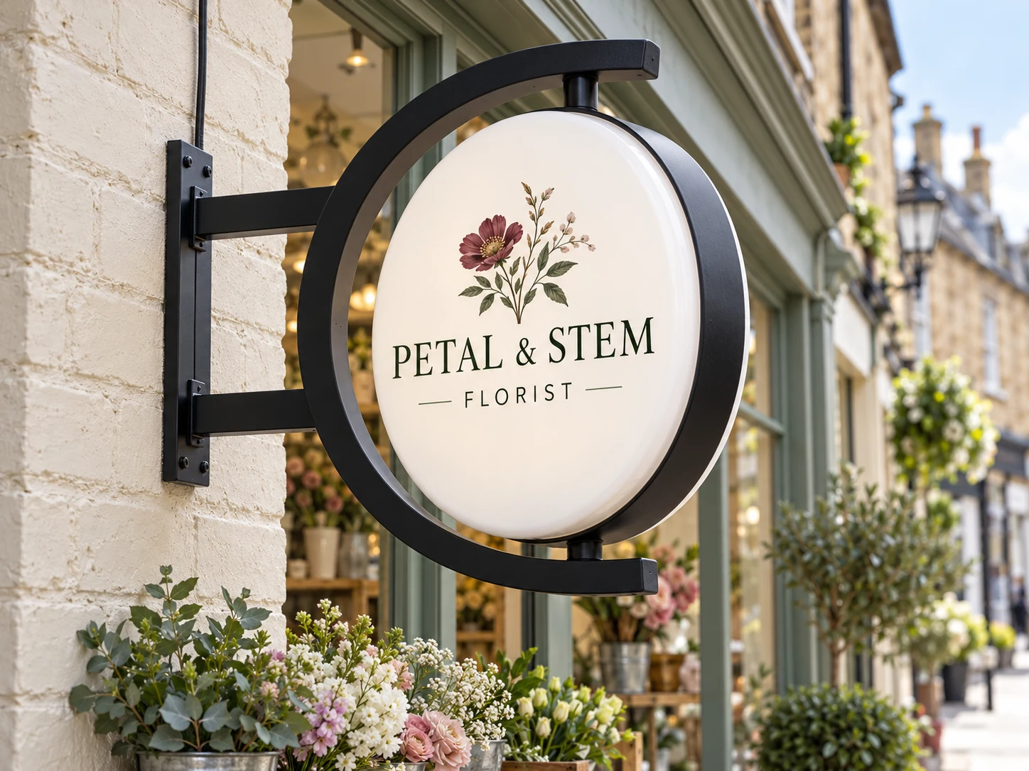 Lion Sign — Double-sided round rotating florist sign with curved C-frame and top/bottom pivots.