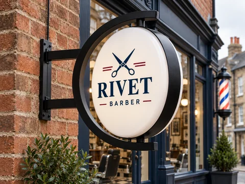 Lion Sign — Double-sided round rotating barbershop sign with curved C-frame and top/bottom pivots.