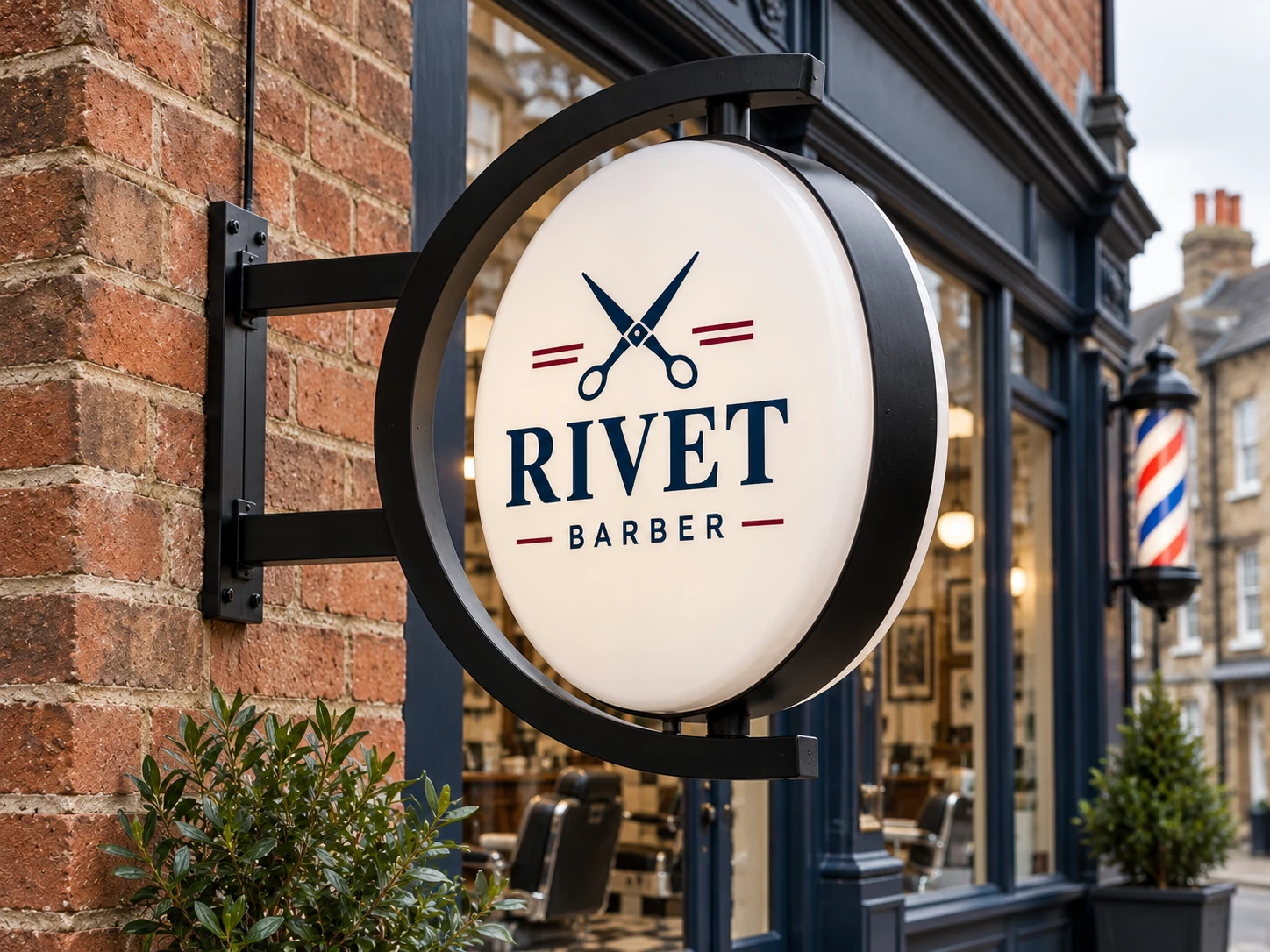 Lion Sign — Double-sided round rotating barbershop sign with curved C-frame and top/bottom pivots.