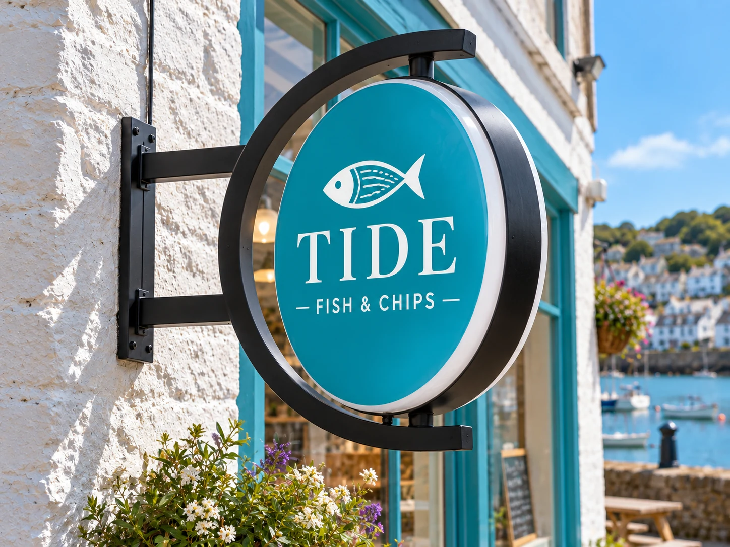 Lion Sign — Double-sided round rotating takeaway sign with curved C-frame and top/bottom pivots.