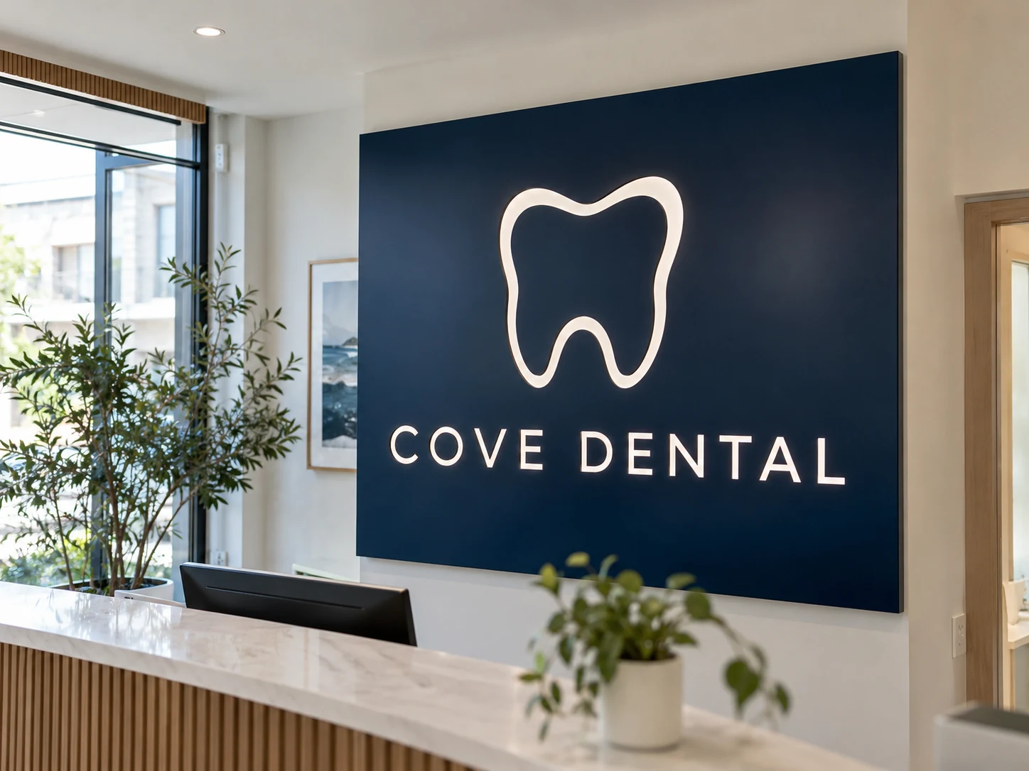 Lion Sign — Dark-blue aluminium composite dental reception sign with inset acrylic letters and symbol.
