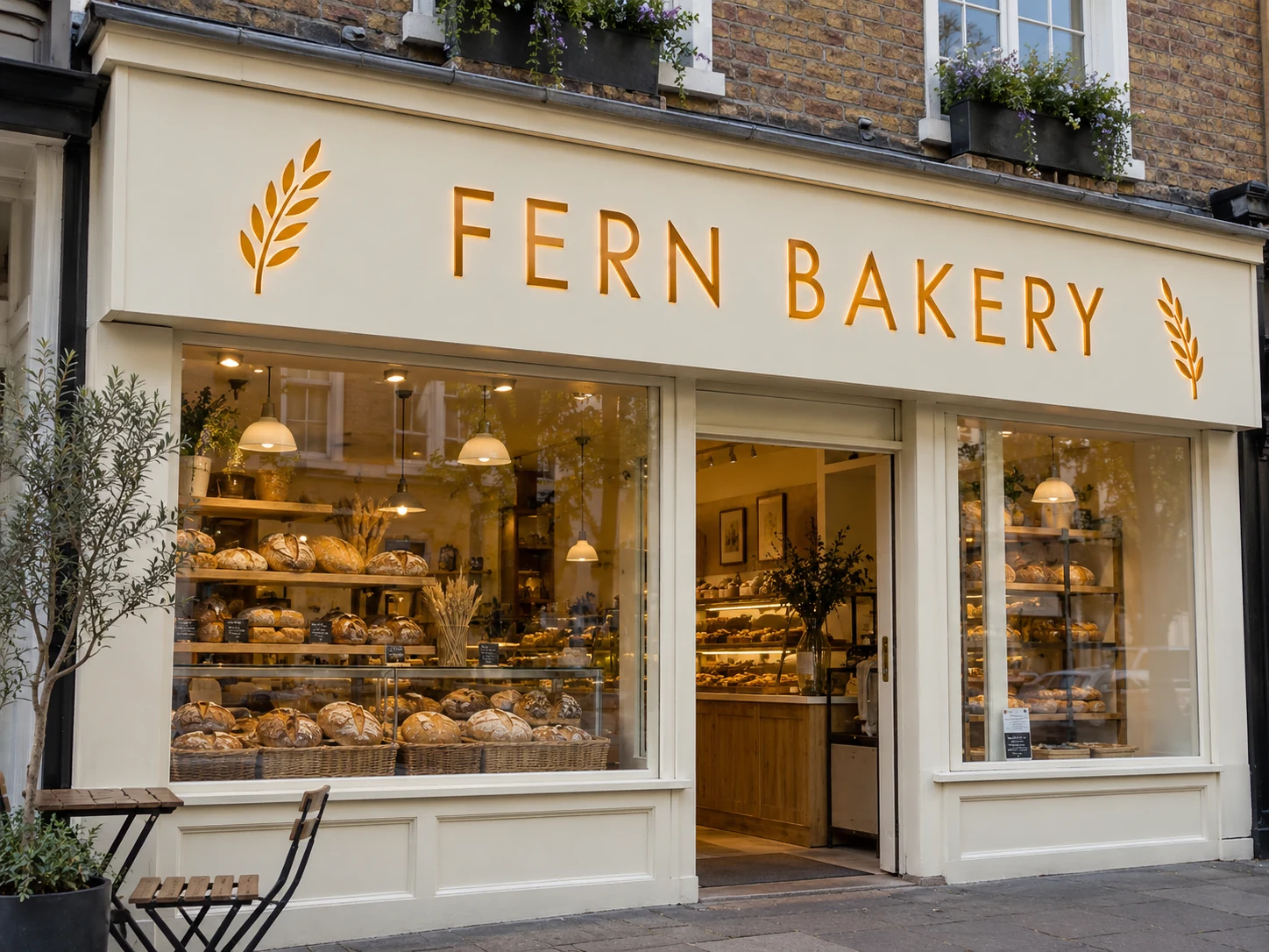 Lion Sign — Cream CNC-routed bakery façade sign with warm amber acrylic inset lettering.