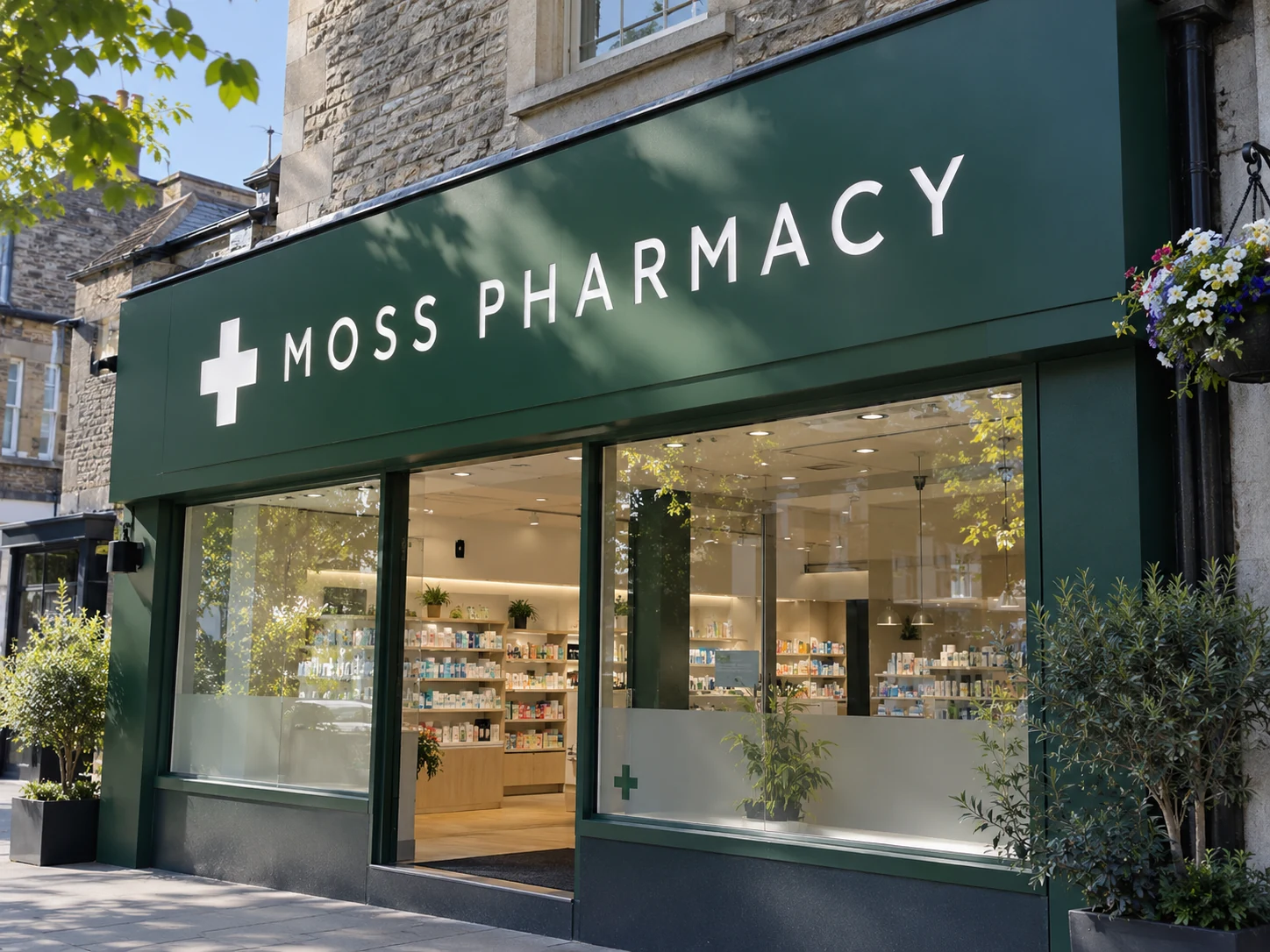 Lion Sign — Green CNC-routed composite pharmacy sign with white inset acrylic lettering and cross.