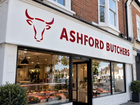 Lion Sign — White CNC-routed composite shopfront signage with red acrylic inlay letters and logo.