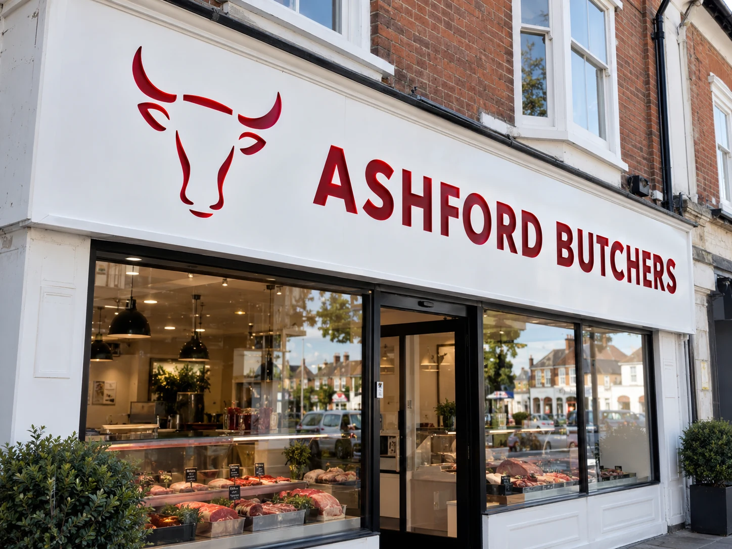 Lion Sign — White CNC-routed composite shopfront signage with red acrylic inlay letters and logo.