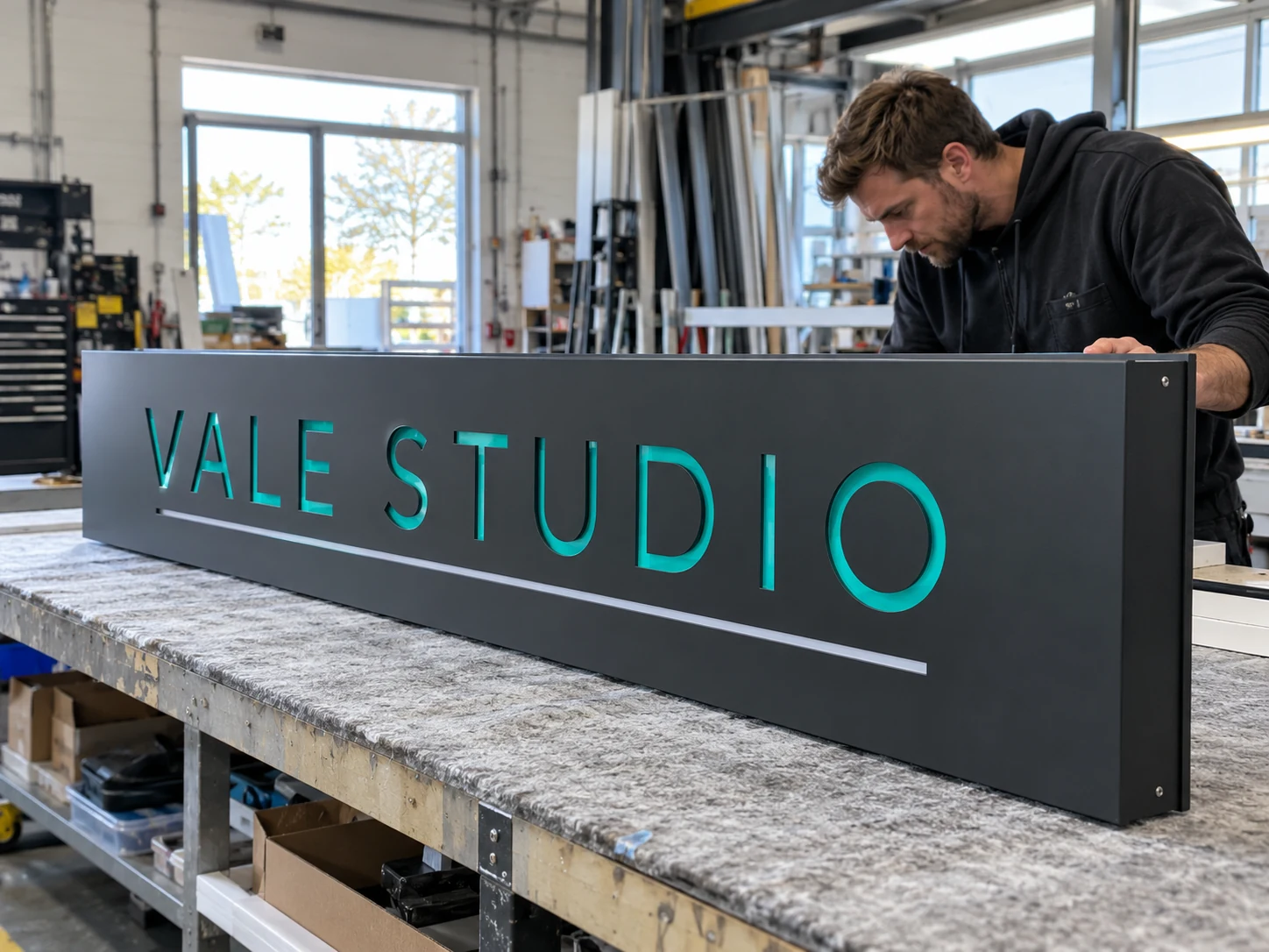 Lion Sign — CNC-routed charcoal composite studio sign with teal acrylic inset lettering.