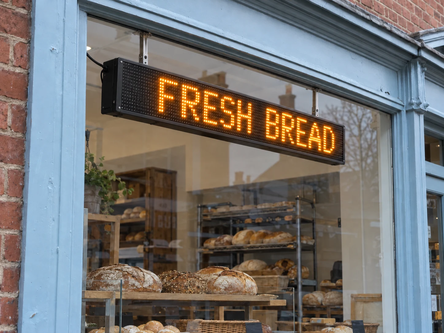 Lion Sign — Amber LED scrolling sign for bakery promotions and store messages.