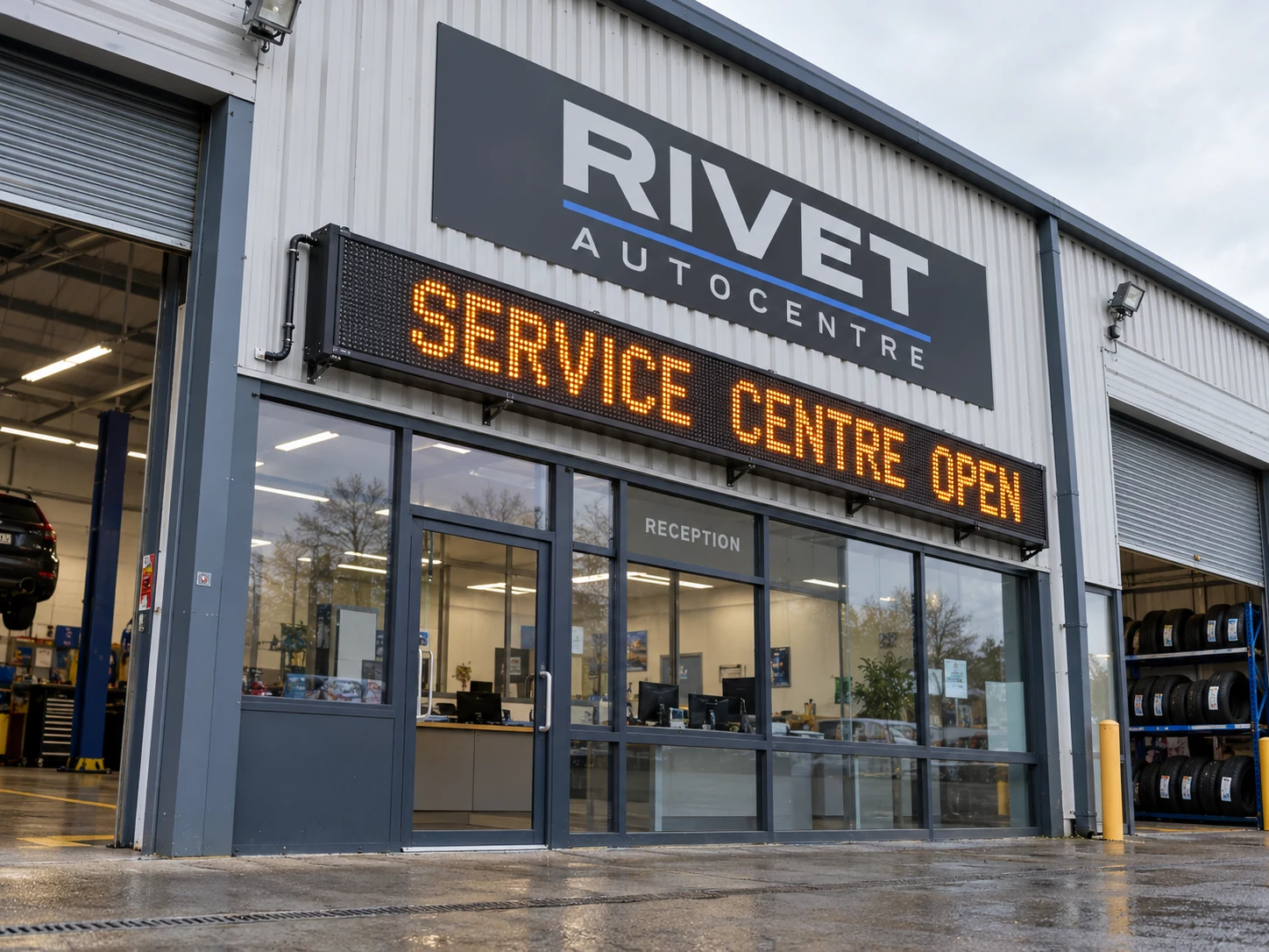 Lion Sign — Amber LED Service Centre Open display for automotive customer receptions.