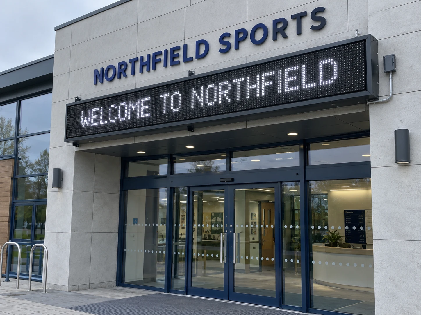 Lion Sign — Bright white LED welcome display for sports facilities.