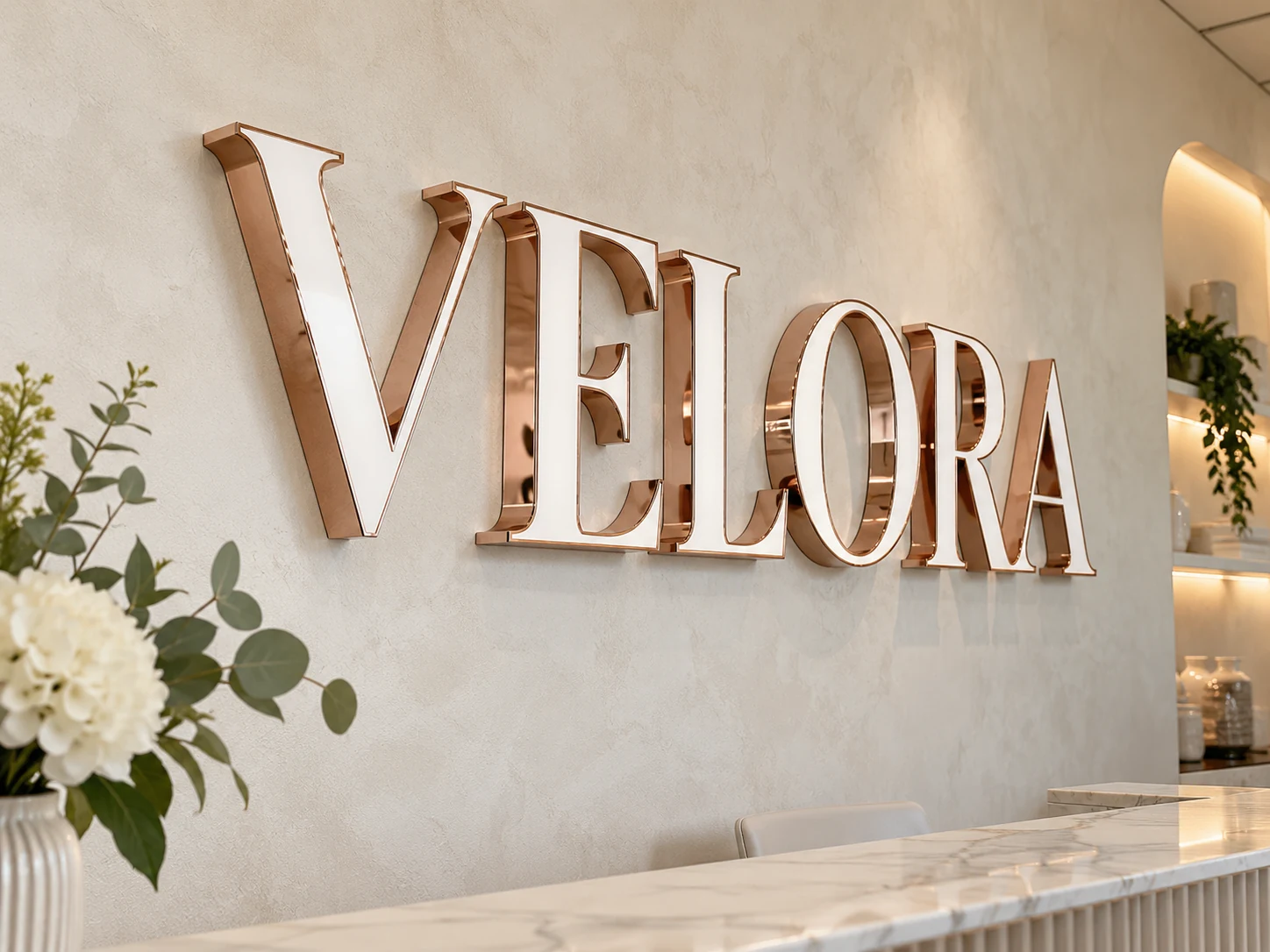 Lion Sign — Rose-gold stainless steel dimensional letters with white acrylic faces for salon branding.