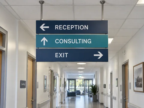 Lion Sign — Suspended modular healthcare wayfinding sign for reception, consulting rooms and exits.