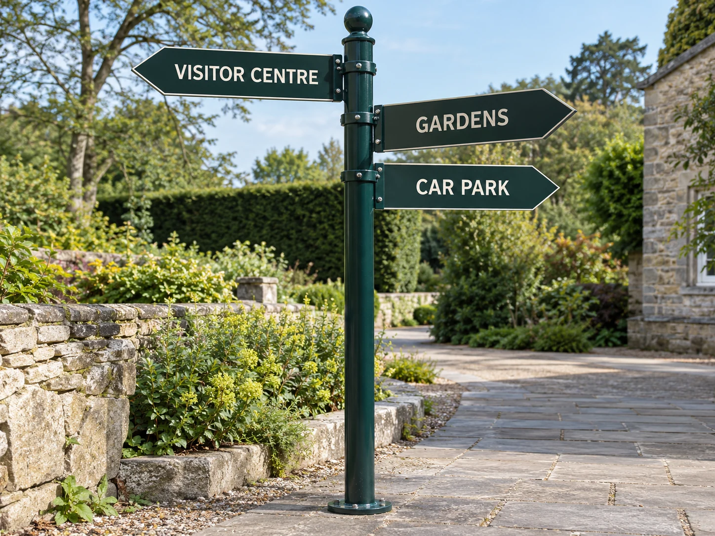 Lion Sign — Weather-resistant outdoor metal fingerpost signs for gardens and visitor parking.