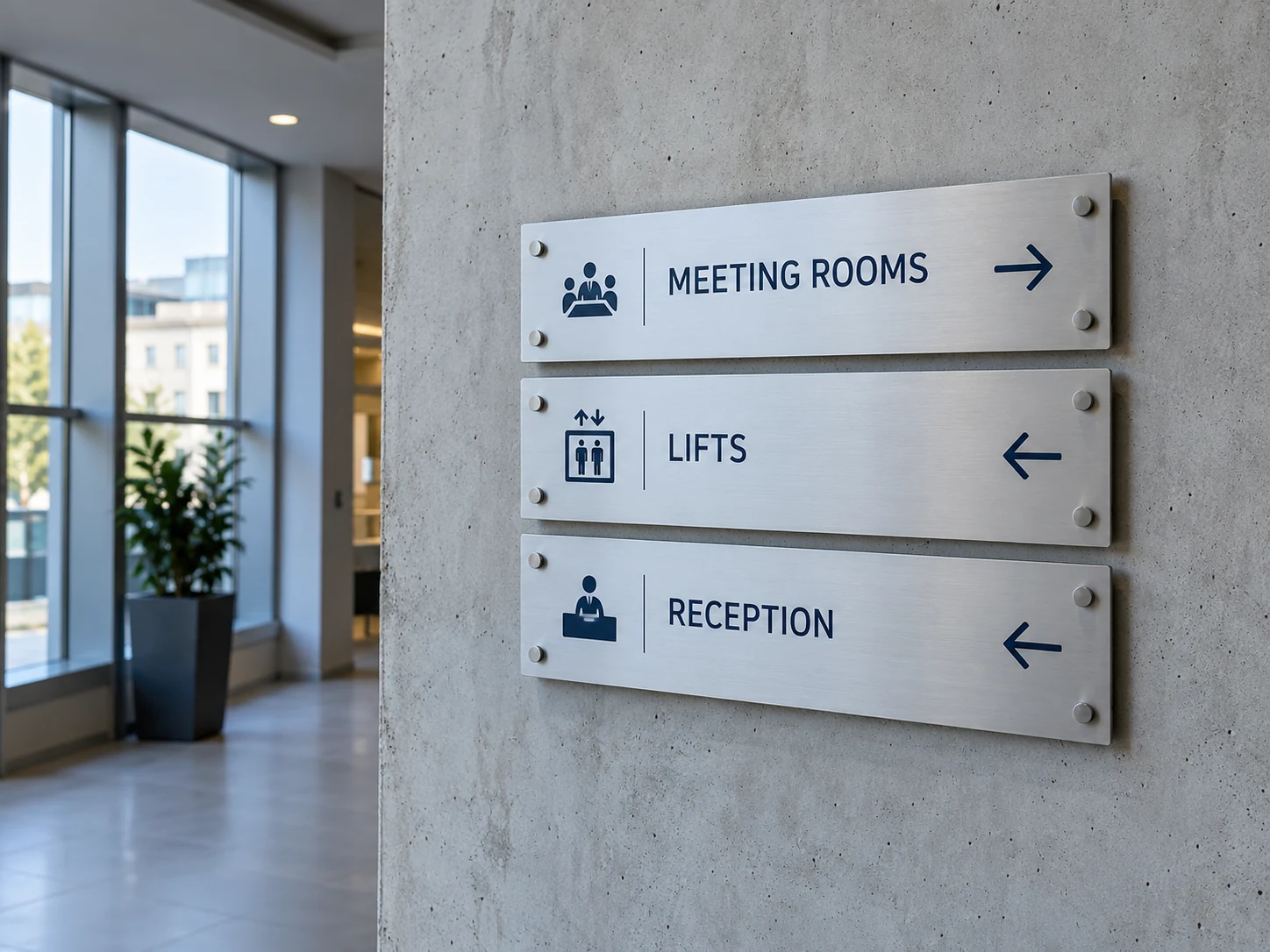 Lion Sign — Modular satin-aluminium directional panels for hotel corridors, lifts and meeting rooms.