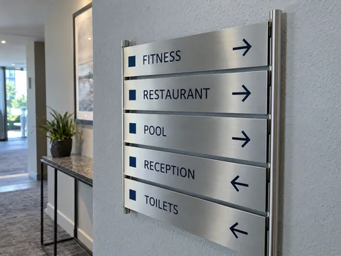 Lion Sign — Brushed-metal hotel wayfinding plaques with clear directional arrows.