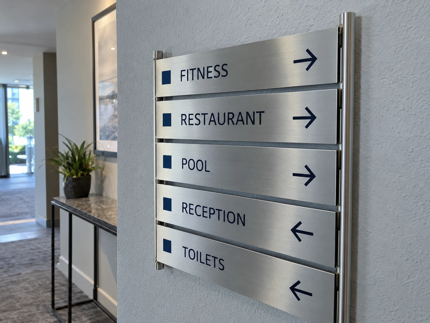 Lion Sign — Brushed-metal hotel wayfinding plaques with clear directional arrows.