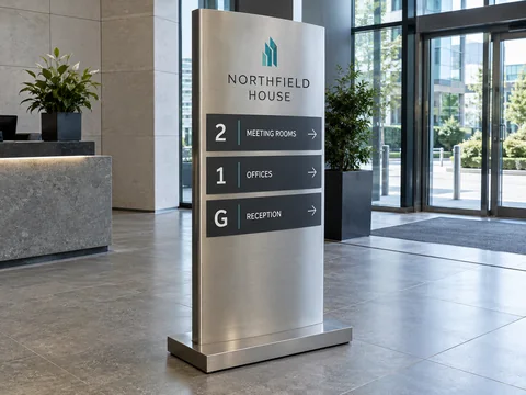Lion Sign — Freestanding brushed-aluminium floor directory with modular interchangeable wayfinding panels.