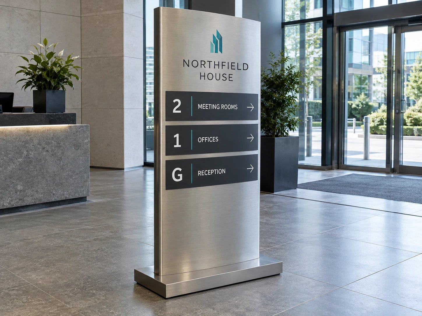 Lion Sign — Freestanding brushed-aluminium floor directory with modular interchangeable wayfinding panels.